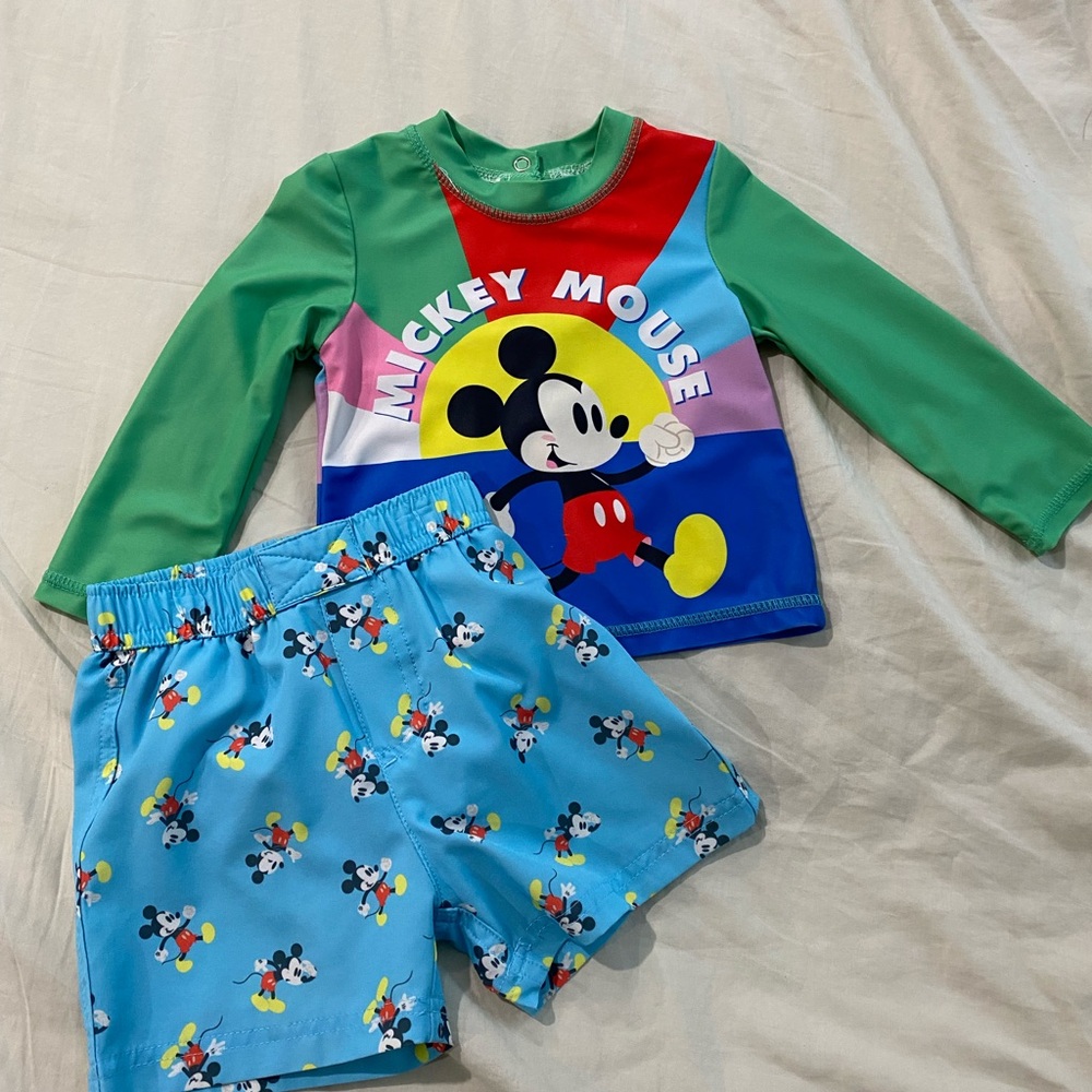 Disney Green and Blue Rashguard Swim Set with Mickey Mouse